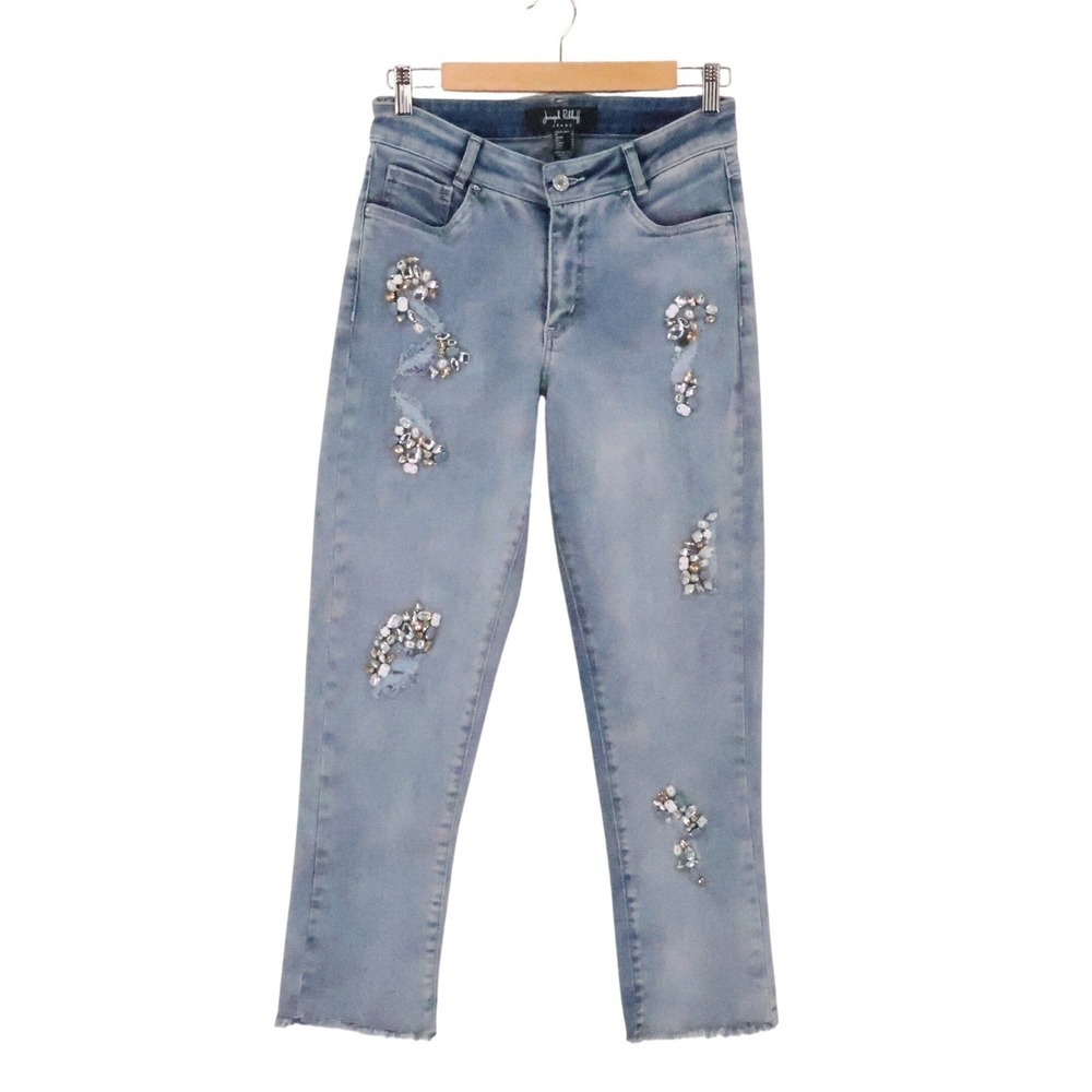 Joseph Ribkoff Embellished Distressed Jeans Womens Size 8 Light Wash Rhinestone